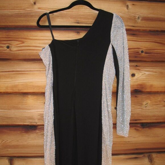 Xscape "DORTHEY"  LONG CAVIAR BEADED JERSEY KNIT ONE SHOULDER LONG SLEEVE DRESS - Picture 10 of 13